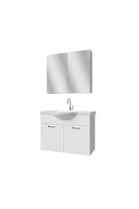 banos Al2 Ayaksız 2 Kapaklı Lavabolu Beyaz Mdf 80 Cm Banyo Dolabı Aynalı Üst Dolabı