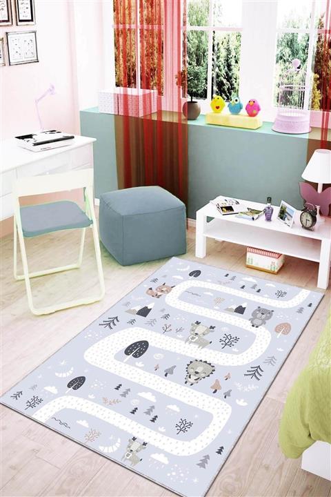 NeluxHome Kaymaz Taban Makinede Yıkanabilen Çocuk Oyun Halısı Yollu Ar048