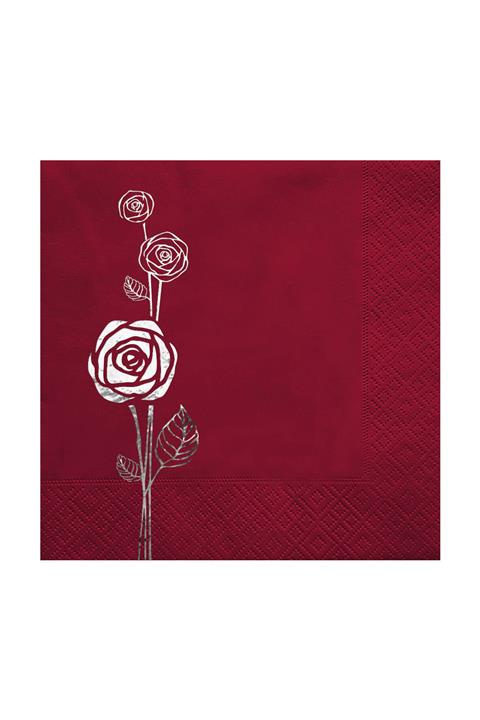 Story Gümüş Varak Güller Desenli 16'lı Bordo Renkli Kağıt Peçete 33 X 33 Cm