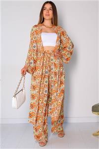 Cappmoda Tkm-03190 Turuncu Çiçekli Salaş Kimono Pantolon Kuşaklı Ikili Takım