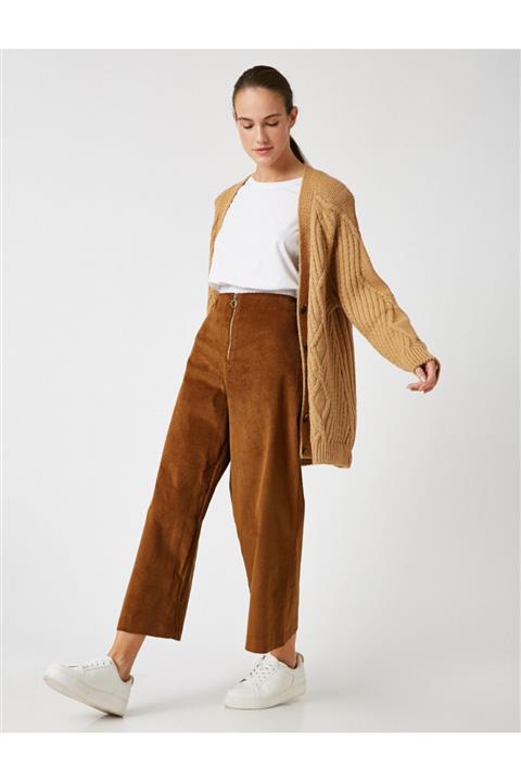 Koton Fermuarli Fitilli Kadife Genis Paça Pantolon