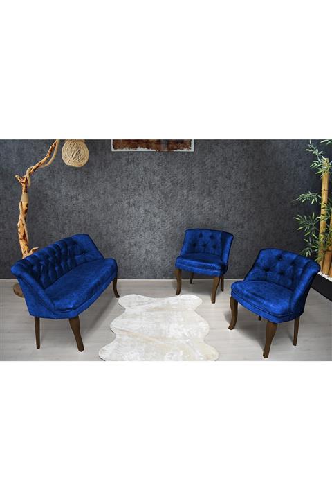 PRATİK DEKOR Kolsuz Çay Seti 2+1+1 Balkon Ofis Cafe Bahçe Koltuk Takımı | Kahve Ahşap Ayak Lacivert