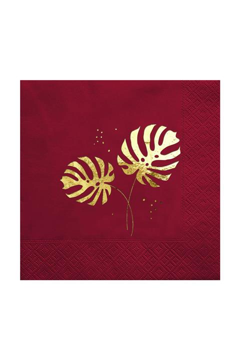 Story Altın Varak Monstera Yaprakları Desenli 16'lı Bordo Renkli Kağıt Peçete 33 X 33 Cm