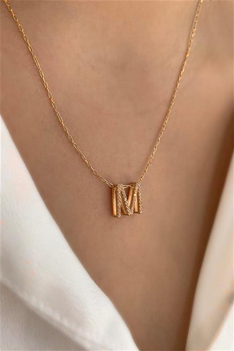 Ziu 925 Ayar Üç Boyutlu Zirkon Taşlı Rose M Harfli Kolye Uzunluk 45 Cm