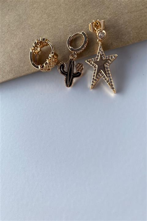 LADİN AKSESUAR Kaktüs Yıldız Halka 3'lü Set Küpe