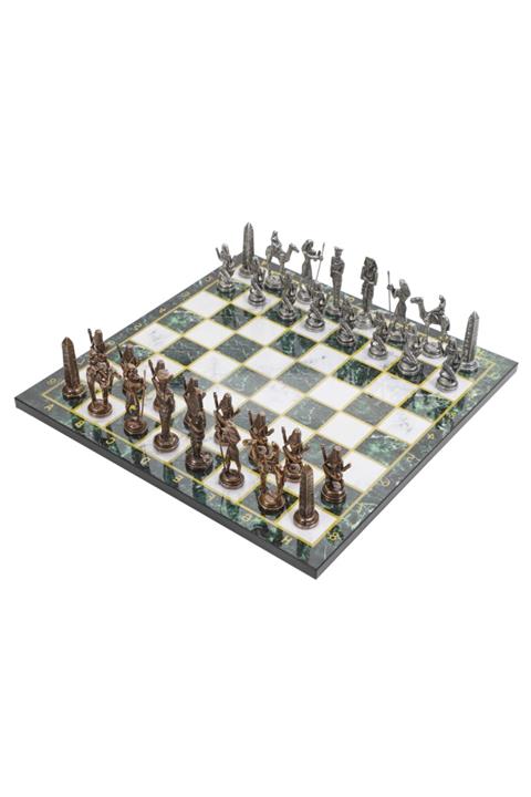 elife shop Lüks Metal Satranç Takımı Krom Kaplama Bronz Mısır Ordusu & Zümrüt Yeşil Mermer Desenli Tahta