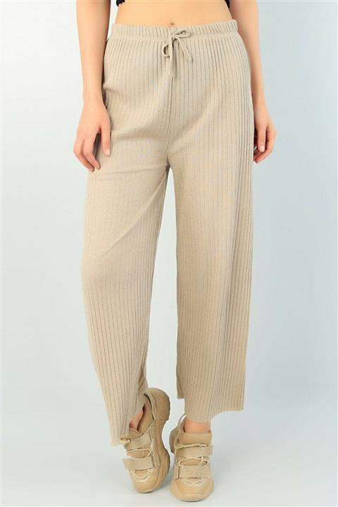 sevdalı Kadı Krem Beli Lastikli Fitilli Triko Pantolon