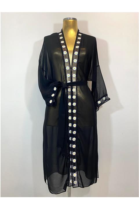 Senem Neyiş Özel Tasarım Papatyalı Şifon Kuşaklı Kimono