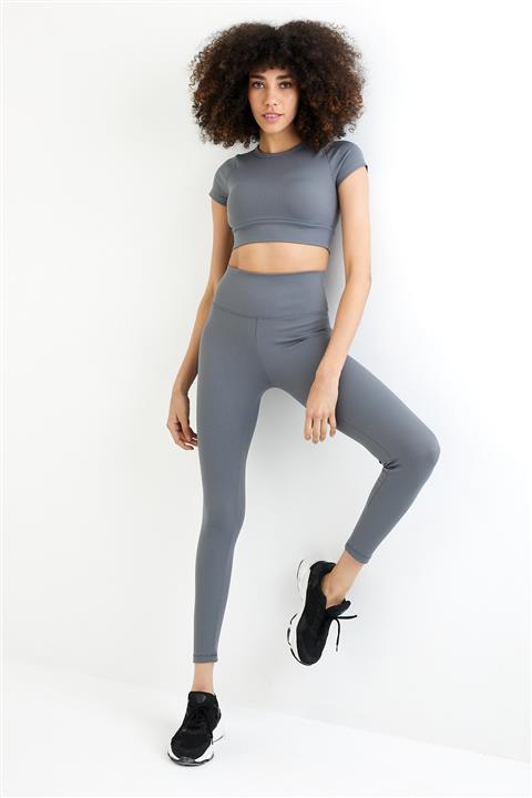 MRS.MODA Kadın Antrasit Yüksek Bel Fitilli Spor Takım 2'li