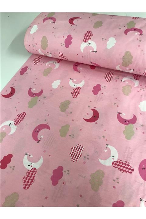 Bebek Özel Pamuklu Bebek Çocuk Lastikli Çarşaf 60x160 Yeni Pembe Ay Bulut