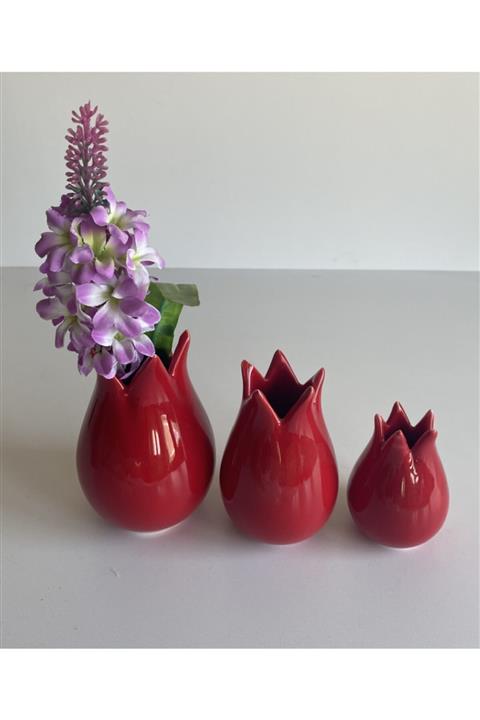 İDEAL SERAMİK Dekoratif Seramik 3 Lü Lale Vazo Seti