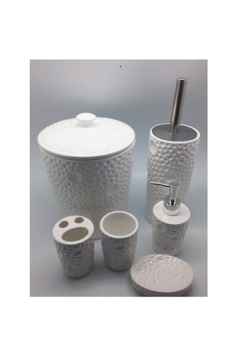 çilekev 6 Parça Porselen Beyaz Çöp Kovalı Nokta Desenli Banyo Seti Takımı