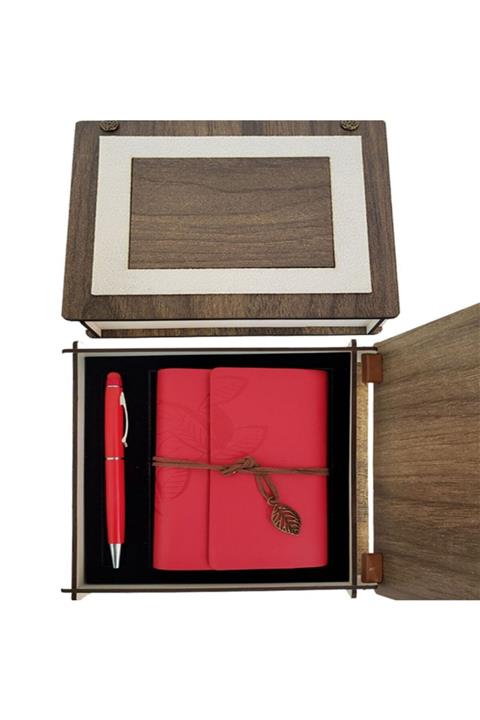 Durbuldum Özel Ahşap Kutulu Kırmızı Deri Defter Ve Kalem Set