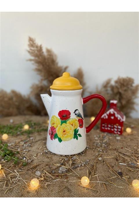 Handmadesign Kapaklı El Yapımı  Kuşlu Çiçekli Seramik Sürahi