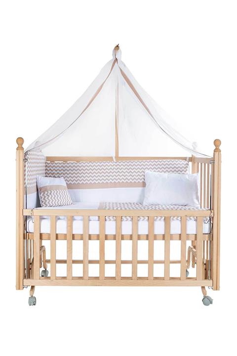 Baby Tech Klasik Anne Yanı 60x120 Kademeli Naturel Beşik - Tekerlekli + Kahve Zikzak Uyku Seti