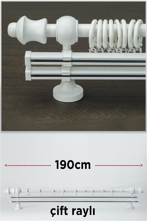 wenthi Beyaz Ahşap Rustik Çift Raylı Perde Askısı Venti 190 Cm