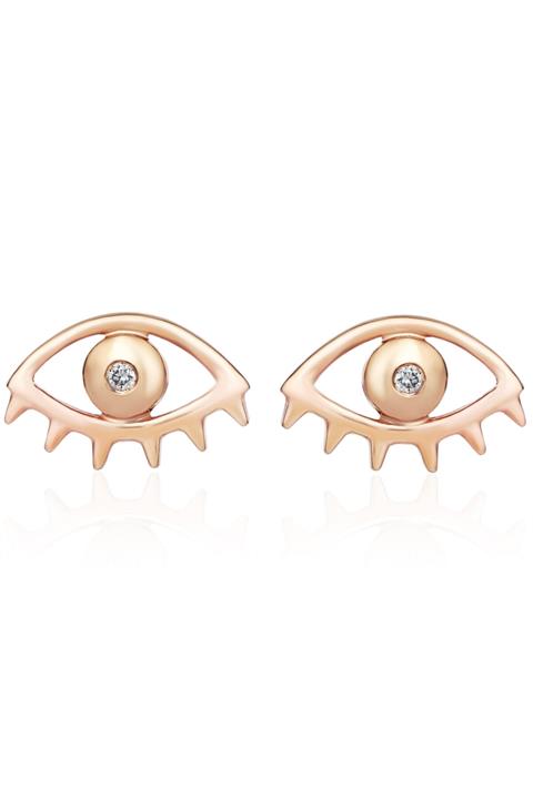 Marla Jewelry 14k Rose Gold, Beyaz Pırlanta Evil Eye Amulet Küpe