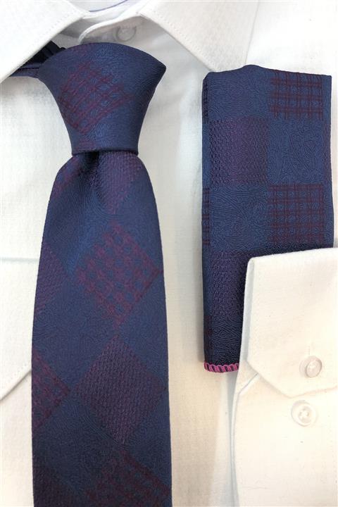 Quesste Accessory Erkek Lacivert Ekose Desenli Kravat Mendil Set