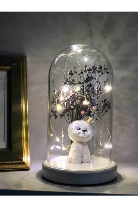 BYLAMP Işıklı Cam Fanus Sevimli Köpek Figürlü Lamba (beyaz Taban)