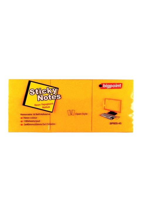 Bigpoint Yapışkanlı Not Kağıdı 3'lü 40x50mm Neon Turuncu 4'lü Paket