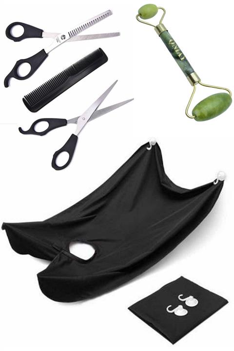 QNİAY 5 Parça Kuaför Seti Saç Kesme Makas + Inceltme Ara Makas + Tarak + Berber Önlüğü +yeşim Taşı Masaj