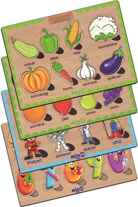 minİQ toys Ahşap Türkçe Sebzeler+meyveler+meslekler+sayilar 4’lü Set Eğitici-öğretici Yapboz
