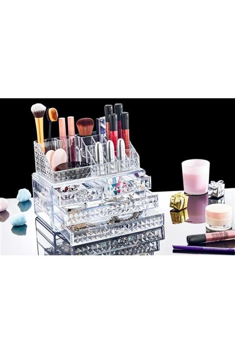 DKR STORE Diamond Akrilik Lüx 4 Çekmeceli Full Makyaj Organizeri