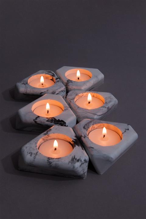 TPD AKSESUAR Altılı Siyah Beyaz Mermer Beton Üçgen Tealight Mumluk Set