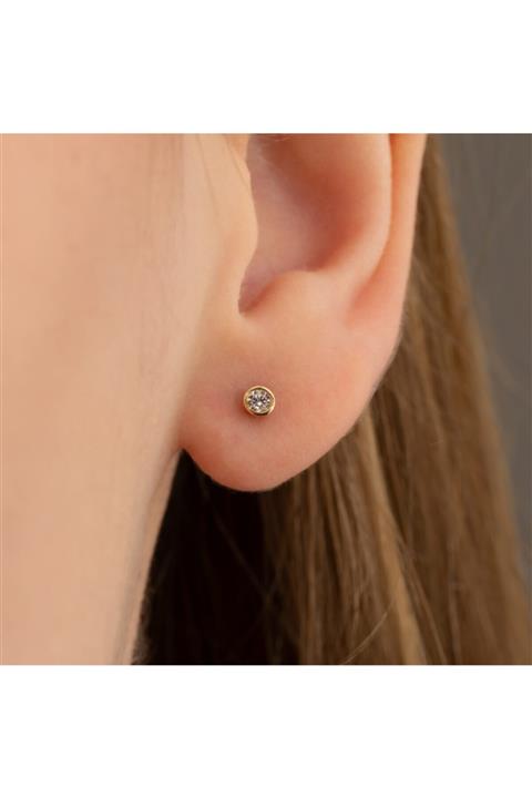 ELEF JEWELLERY Tek Taşlı 14 Ayar Altın Vidalı Küpe