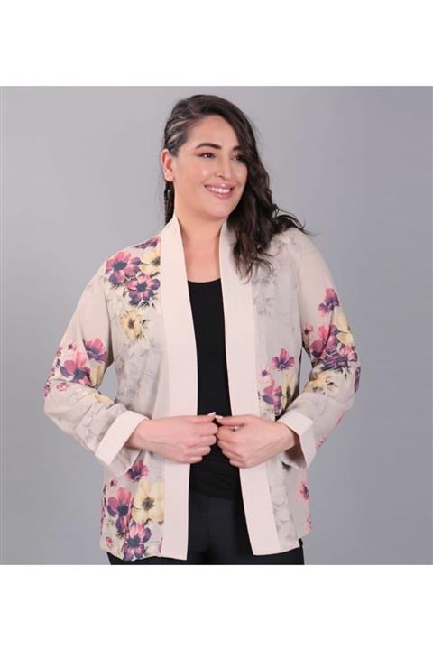 FAHRETTİN MODA Pudra Çiçek Desenli Ön Bantlı Kimono