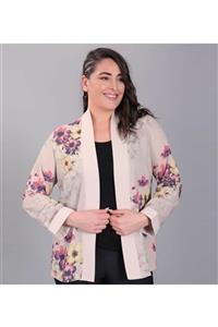 FAHRETTİN MODA Pudra Çiçek Desenli Ön Bantlı Kimono