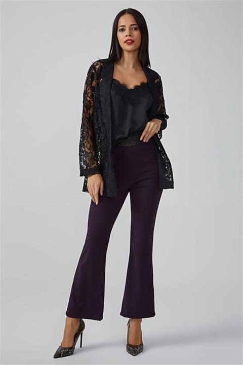 Gusto Beli Simli Lastikli Geniş Paçalı Lycrali Pantolon - Mürdüm