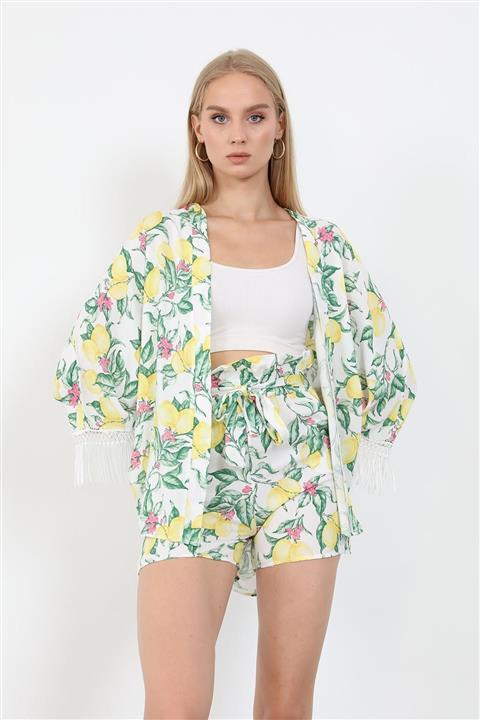 Nismia Desenli Kimono Takım-beyaz