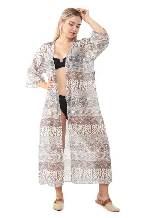barogi Çizgili Leopar Desenli Şifon Kimono