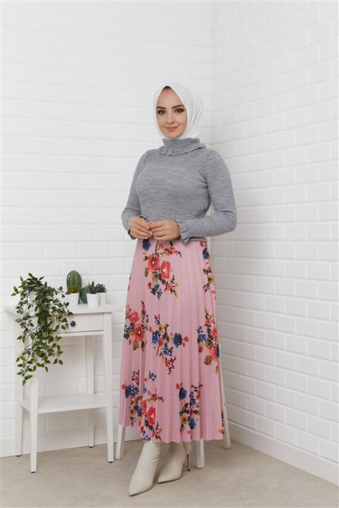 ALLMİRA FASHION Kadın Pudra Çiçekli Pliseli Etek