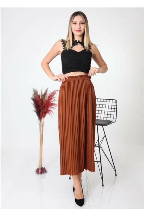 TAYHAN Kadın Taba Beli Lastikli Astarsız Pileli Pliseli Etek