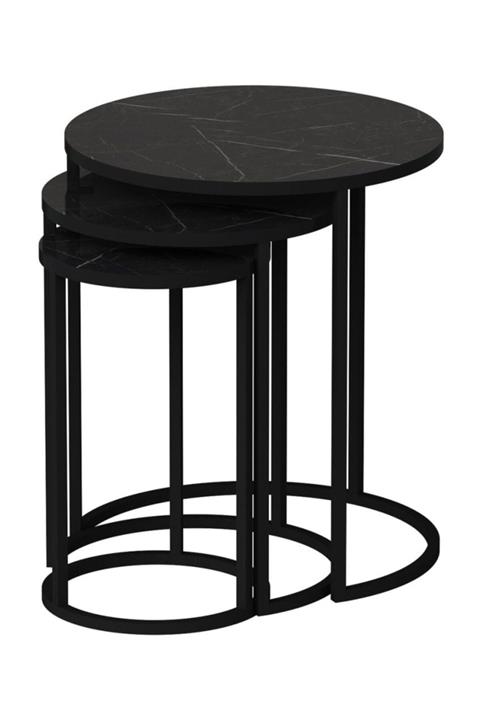 Minar Gloria Metal Ayaklı 3'lü Zigon Sehpa - Royal Mermer/Siyah