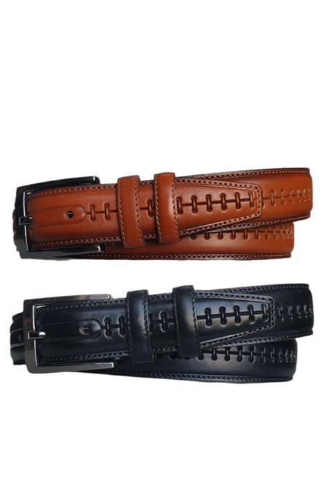 KarPa %100 Hakiki Deri 2'li Set Desenli Klasik Kumaş Pantolon Kemeri 3.5cm : Siyah - Taba