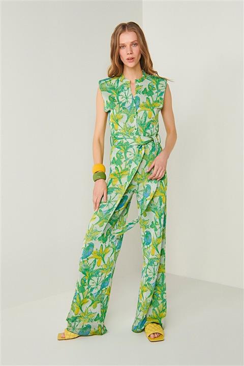 JOIN US Kadın Yeşil Vatkalı Beli Kemerli Desenli Triko Tulum