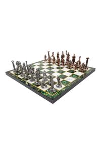 elife shop Lüks Metal Döküm Bronz Satranç Takımı Zeus Ordusu & Özel Ayaklı Zümrüt Yeşil Mermer Desenli Tahta