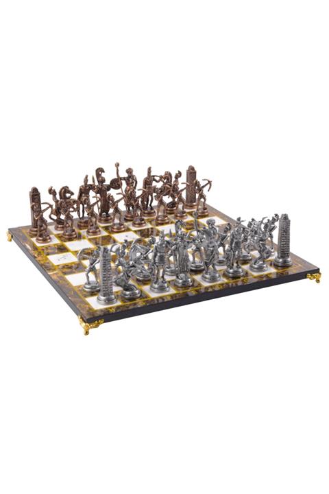 elife shop Lüks Metal Döküm Bronz Satranç Takımı Roma Okçuları & Özel Ayaklı Kehribar Mermer Desenli Tahta