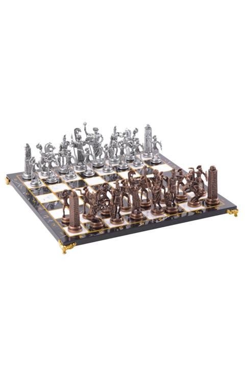 elife shop Lüks Metal Döküm Bronz Satranç Takımı Roma Gladyatörleri & Özel Ayaklı Siyah Mermer Desenli Tahta