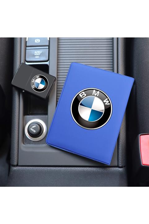 MaveraShop Özel Tasarım Bmw Logolu Mavi Ruhsat Kılıfı Ve Benzinli Çakmak