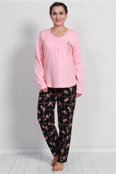 VİENETTA Kadın Pembe Uzun Kol Büyük Beden Pamuklu Pijama Takım