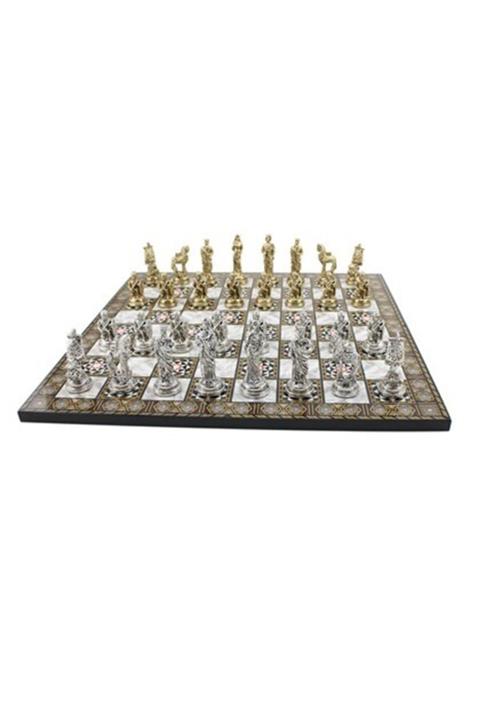 hediyelikesya Orta Boy Metal Truvalılar Satranç Takımı Parlak Ve Sedef Desenli Mdf Ahşap Tahtası(37x37 Cm.)