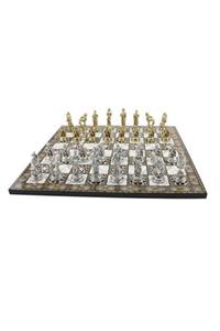 hediyelikesya Orta Boy Metal Truvalılar Satranç Takımı Parlak Ve Sedef Desenli Mdf Ahşap Tahtası(37x37 Cm.)