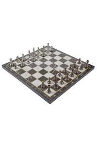 elife Eskls1 Lüks Metal Satranç Takımı Krom Kaplama Klasik Figür Bronz Set & Siyah Mermer Desenli Tahta