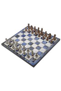 elife Eskls1 Lüks Metal Satranç Takımı Krom Kaplama Klasik Figür Bronz Set & Gök Mavi Mermer Desenli Tahta