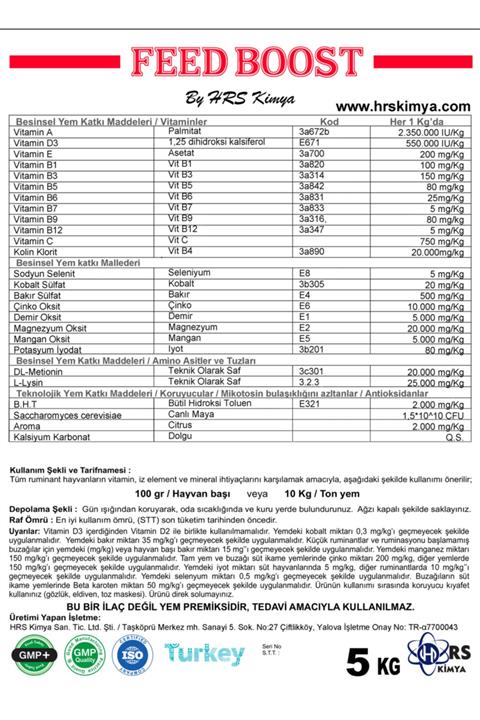 HRS KİMYA Feet Boost Yem Katkı Vitamin Mineral Süt Ve Süt Yağı Mega Besi 5kg
