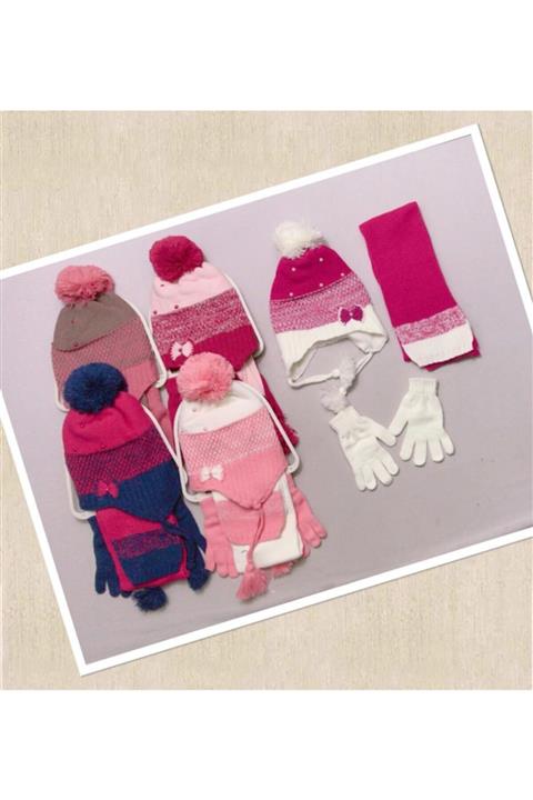 salarticaret Kız Çocuk Kitti Bere Atkı Eldiven Üçlü Set 4-8 Yaş K8941